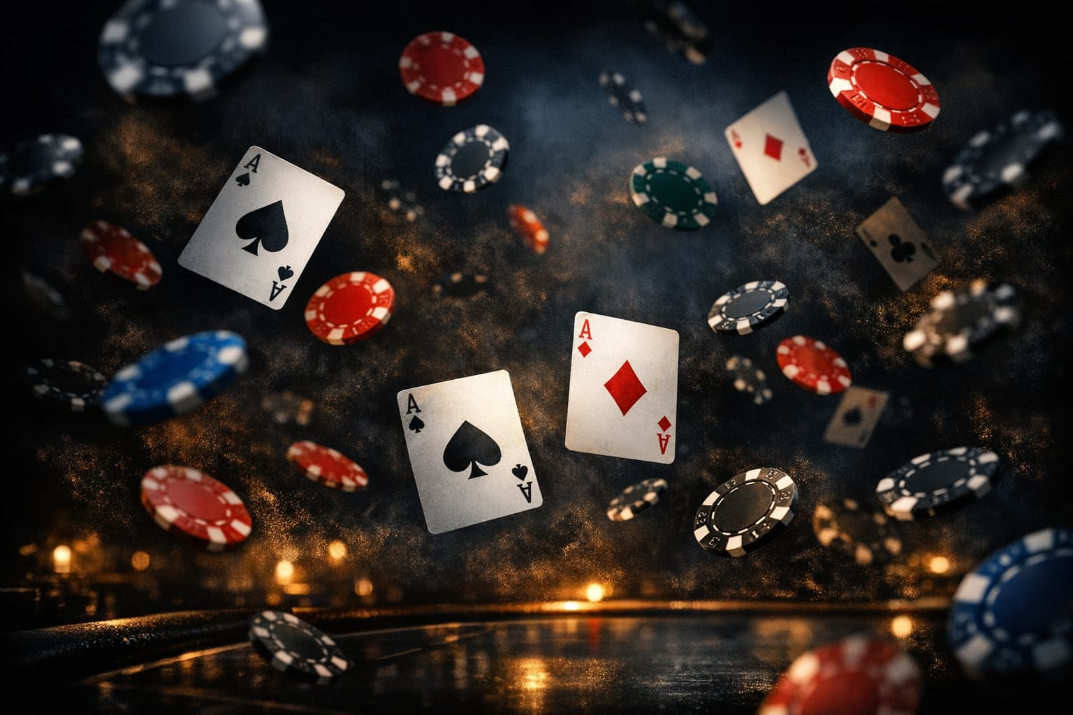 Playing cards and casino chips falling from above on a dark background