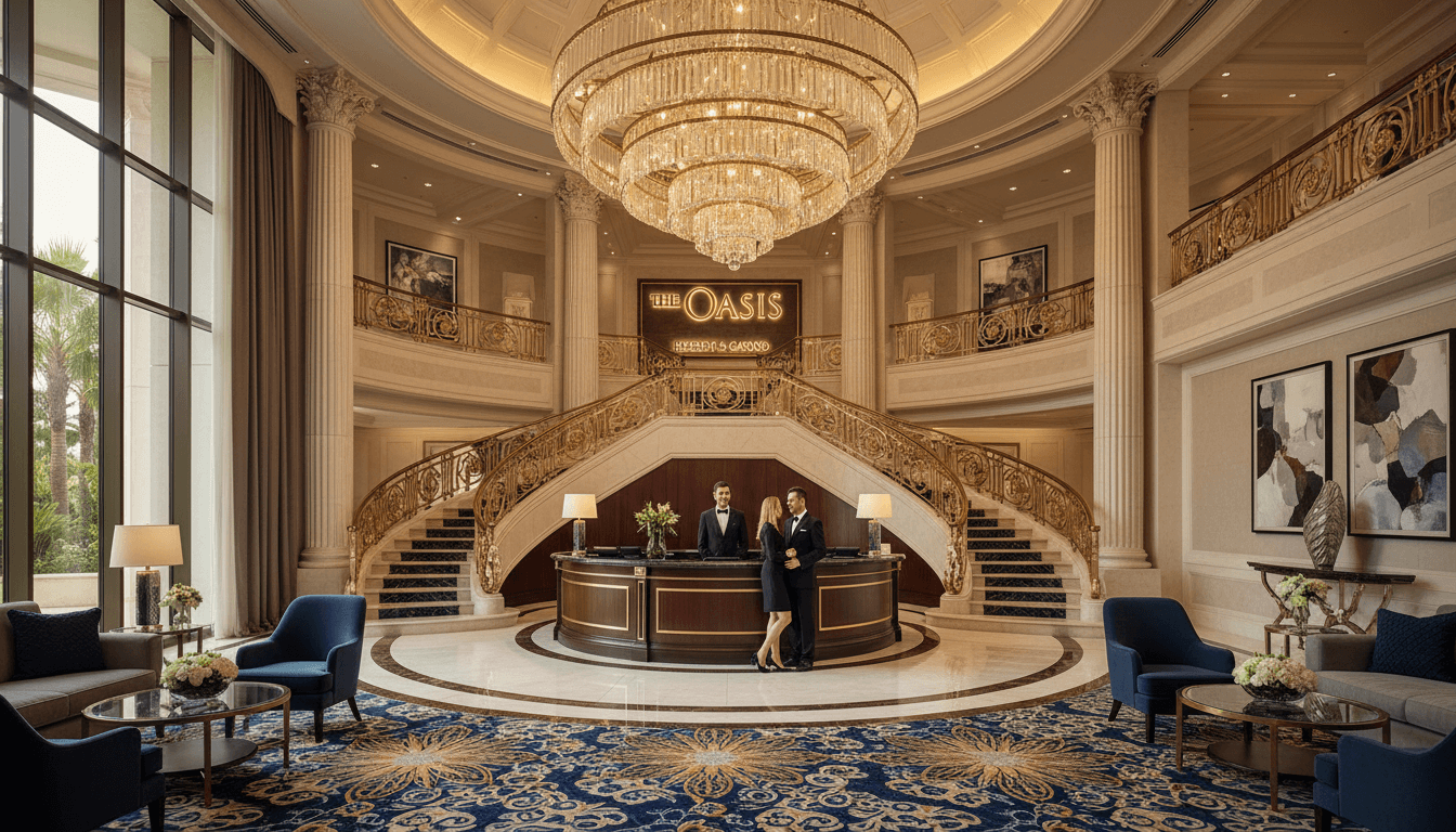 Modern casino hotel lobby with sophisticated design and ambient lighting