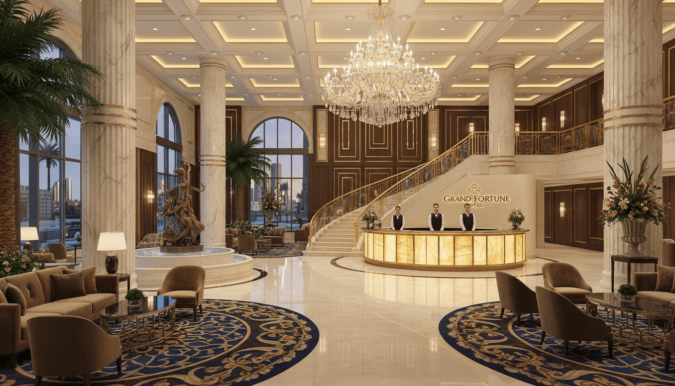 Modern casino hotel lobby with sophisticated design and warm lighting