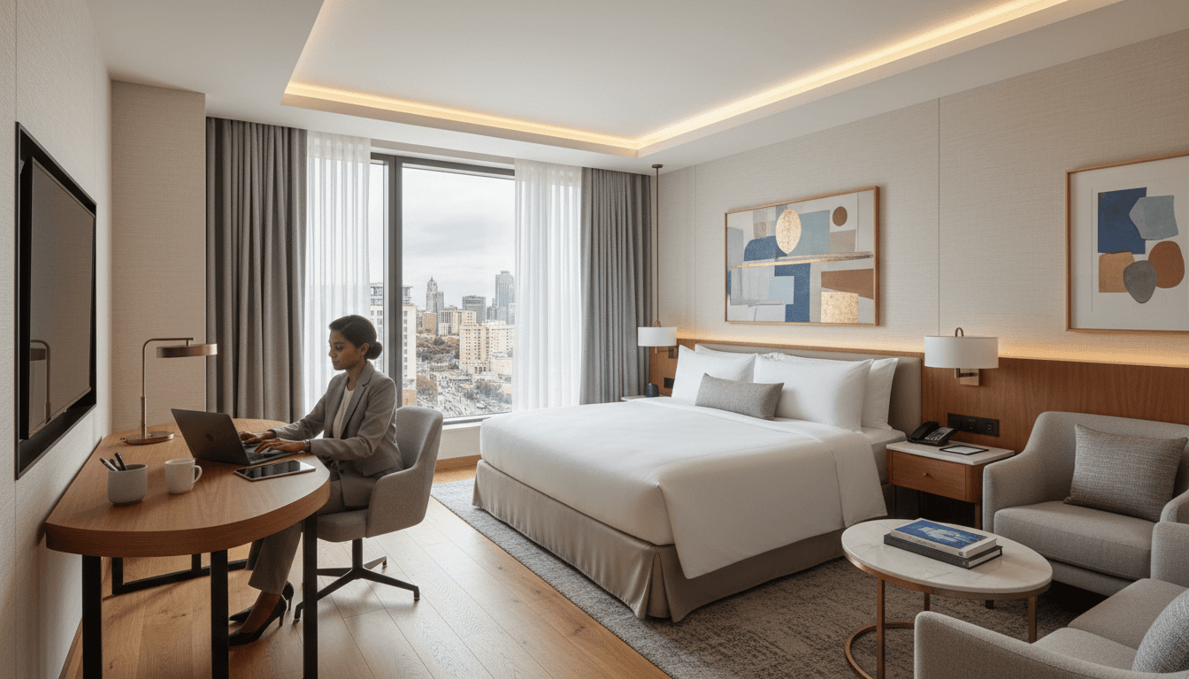 Modern hotel suite with contemporary furniture and window view