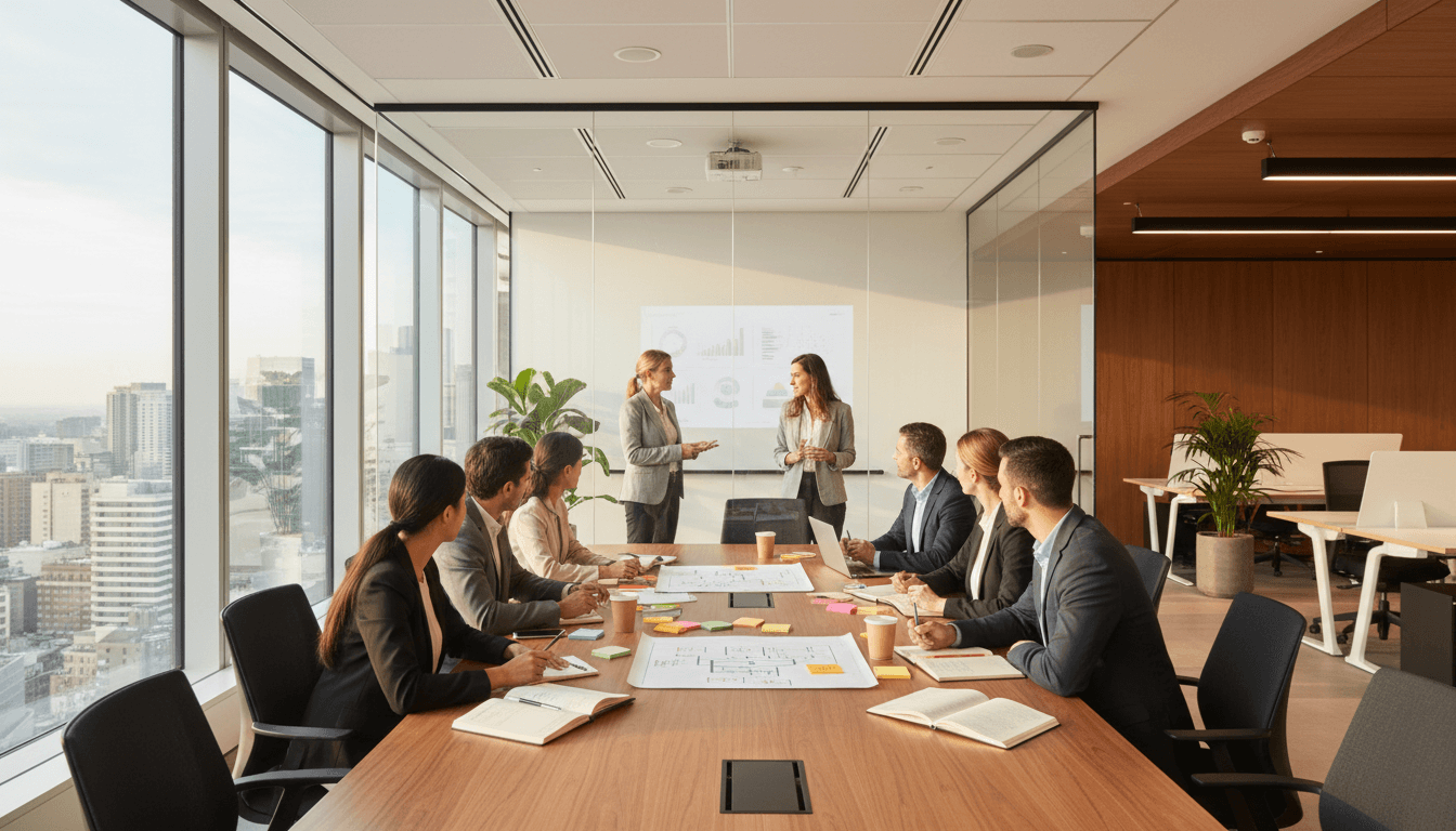 Team discussing ideas in a bright modern office environment