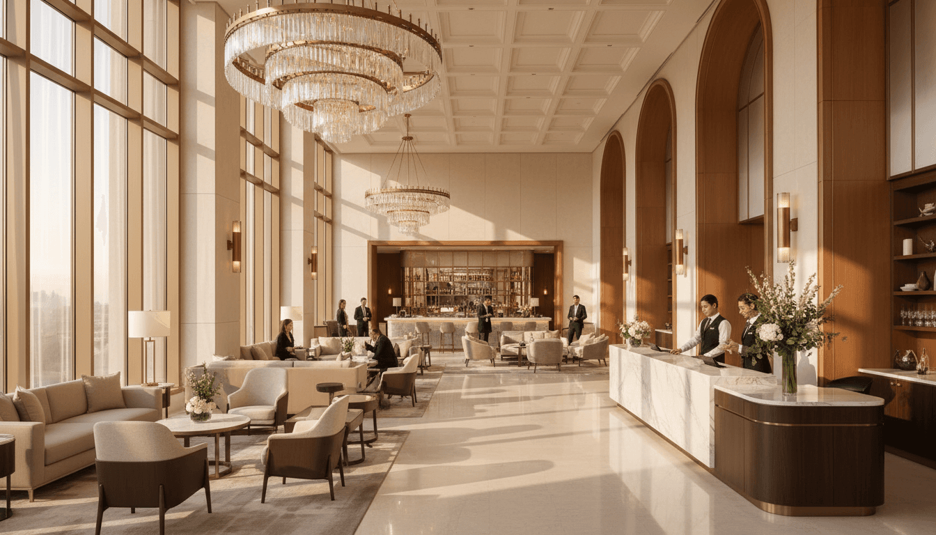 Modern luxury casino hotel lobby with contemporary design and welcoming atmosphere