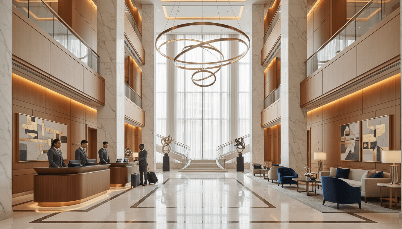 Elegant casino hotel lobby with chandelier and marble floors