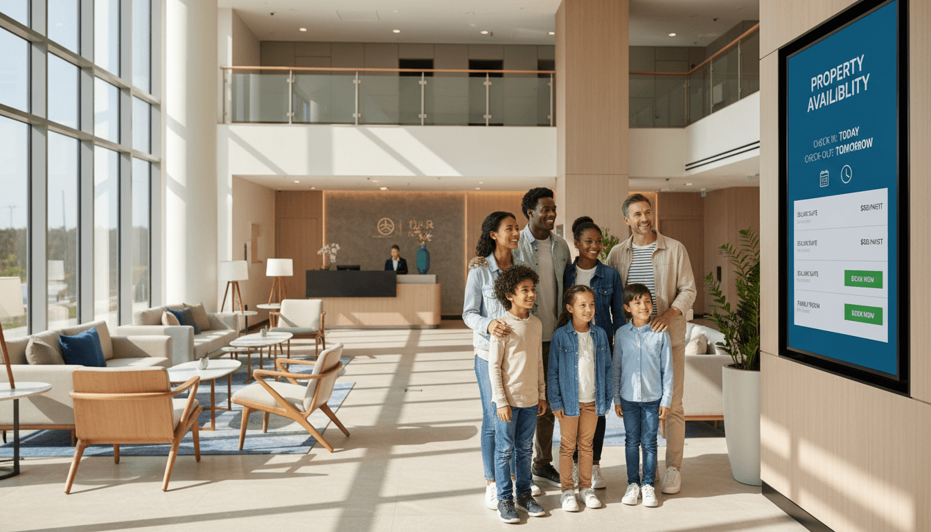Person reviewing hotel information on a tablet in a bright lobby setting